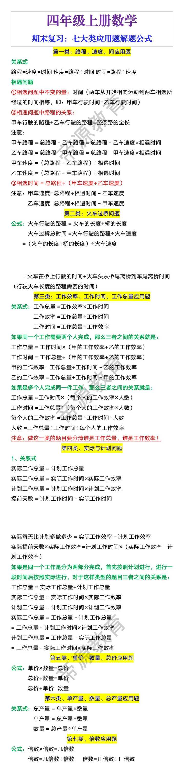 四年级数学上册七大类应用题解题公式