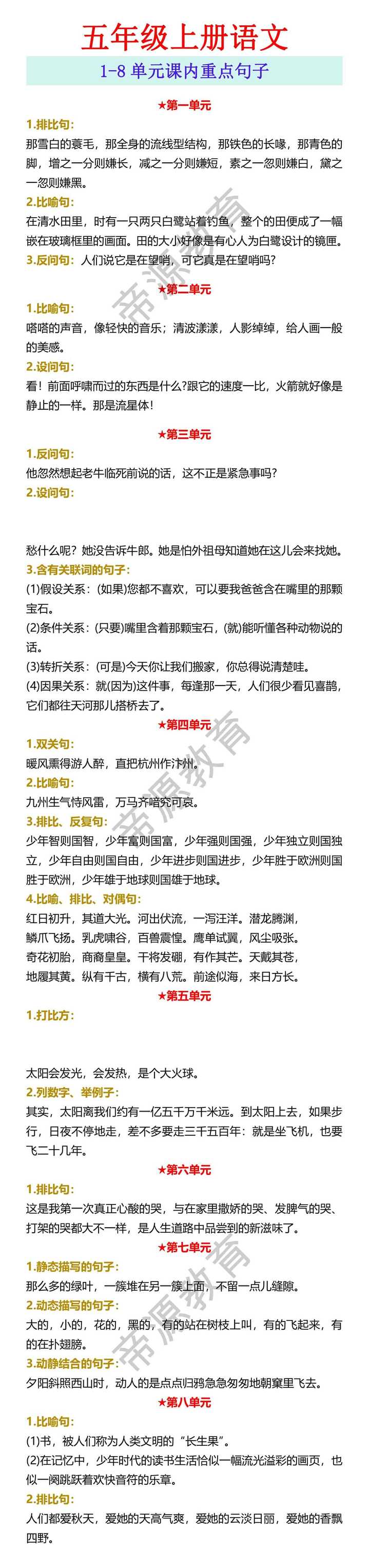 五年级上册语文 1-8单元课内重点句子