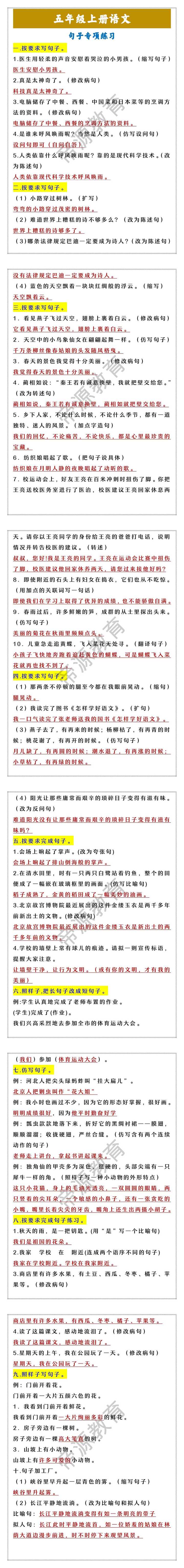 五年级上册语文 句子专项练习