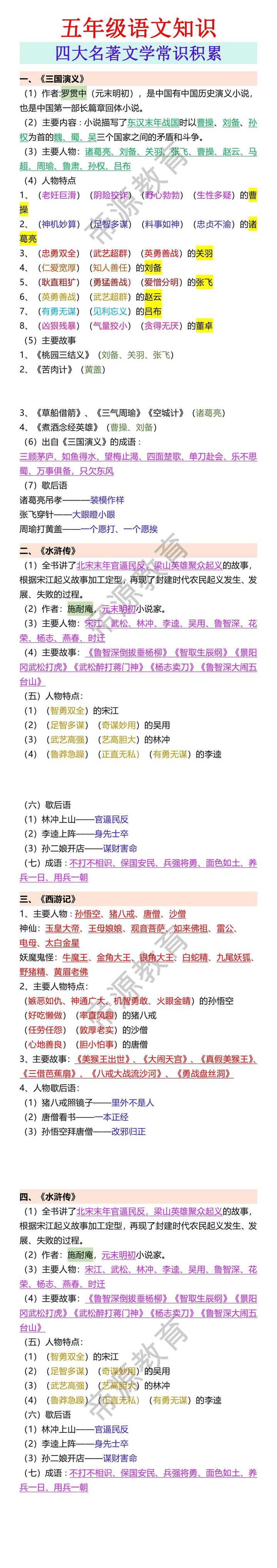 五年级语文知识 四大名著文学常识积累