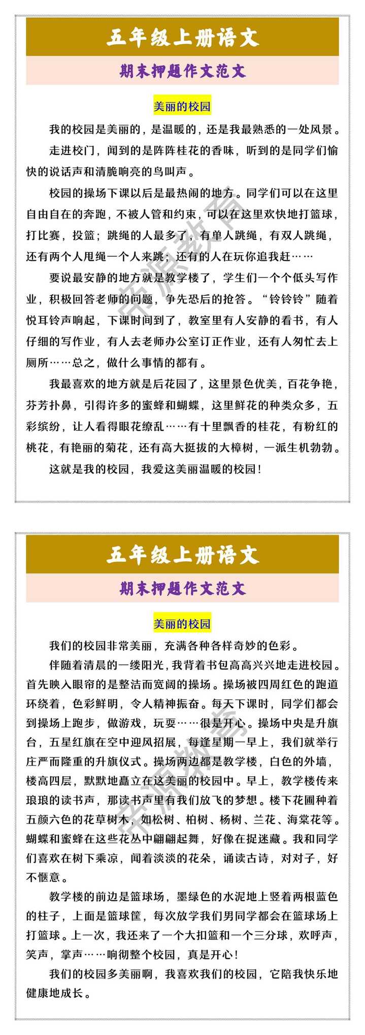 五年级上册语文 期末押题作文范文