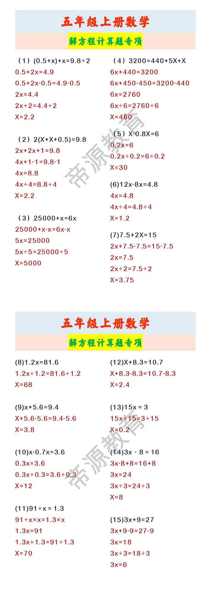 五年级上册数学 解方程计算题专项