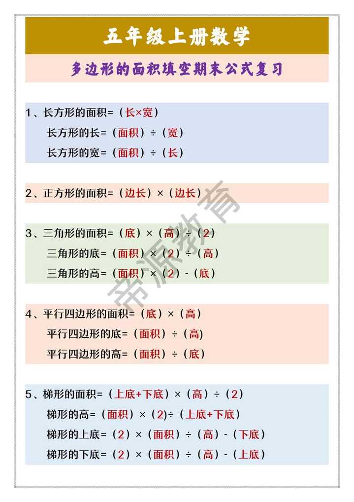 五年级上册数学 多边形的面积填空期末公式复习