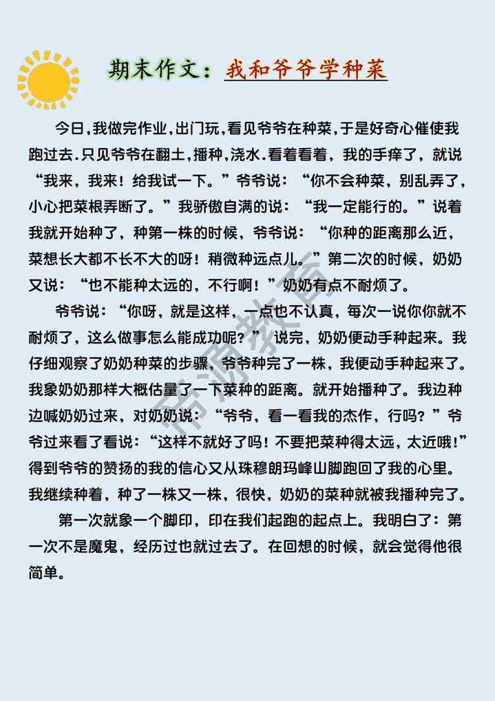 五年级期末作文押题《我和爷爷学种菜》450字范文
