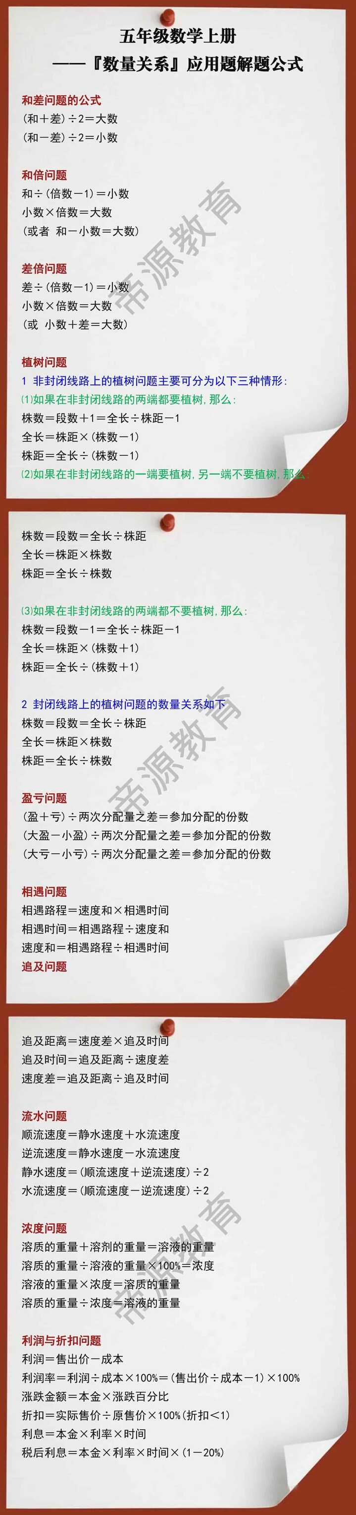 五年级数学上册『数量关系』应用题解题公式