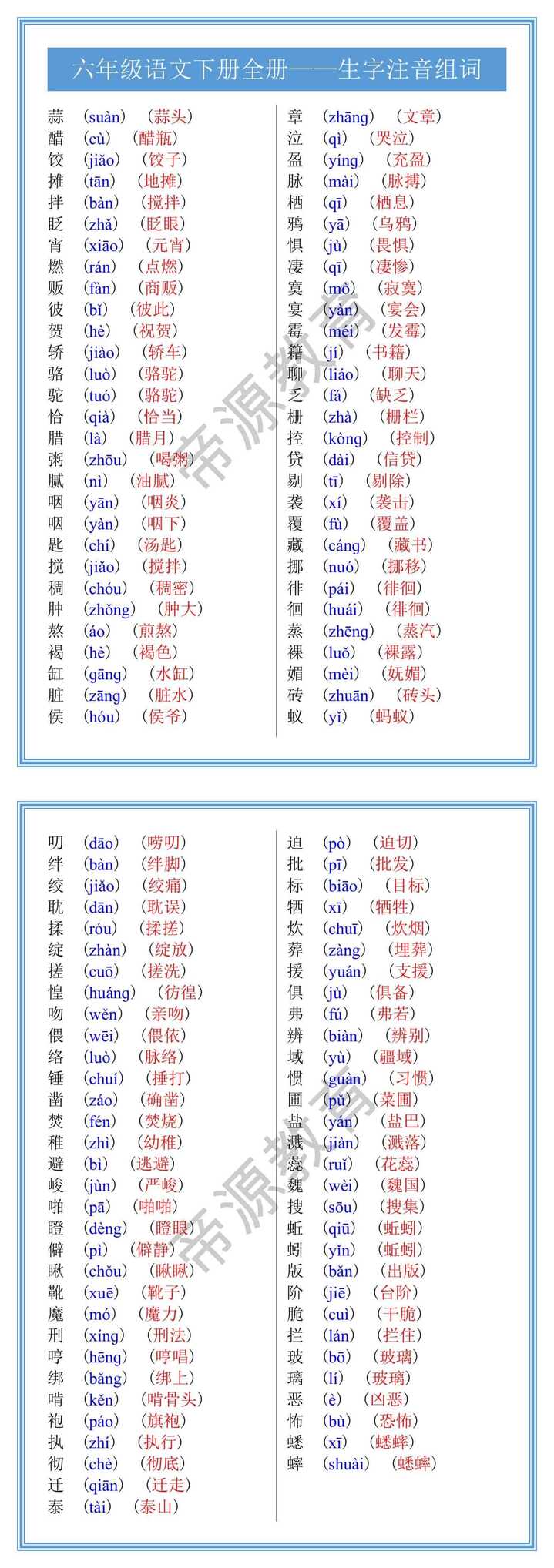 六年级语文下册全册生字注音组词