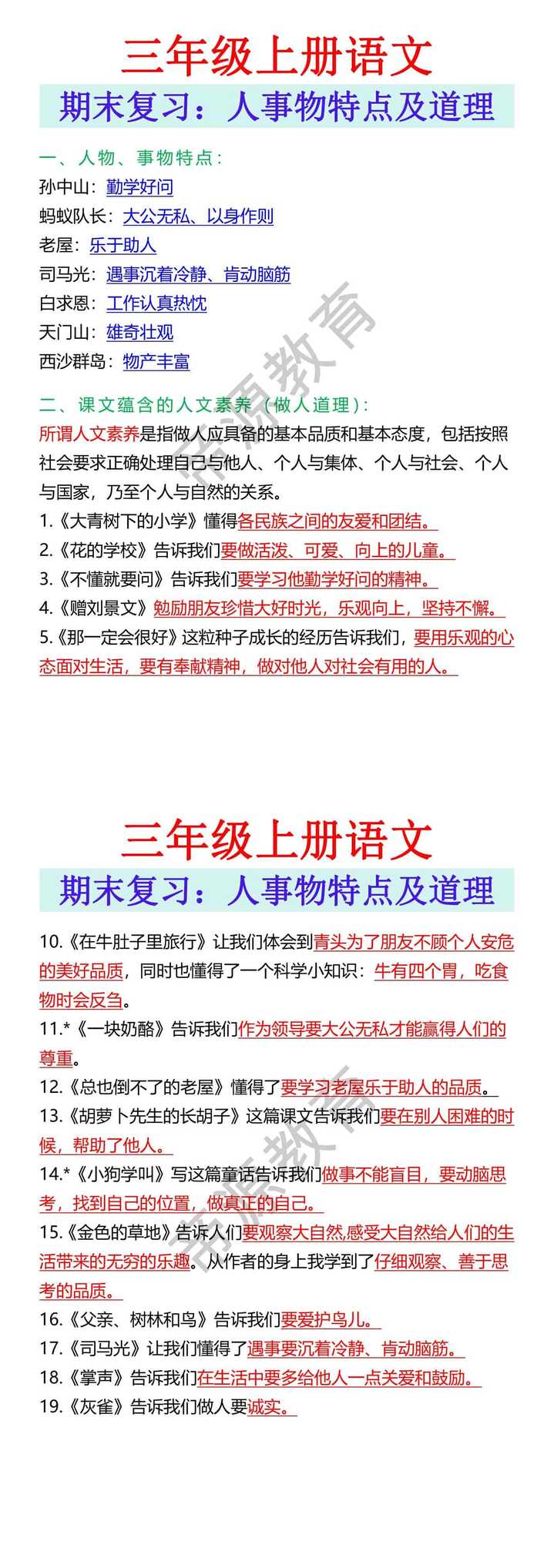 三年级上册语文 期末复习：人事物特点及道理