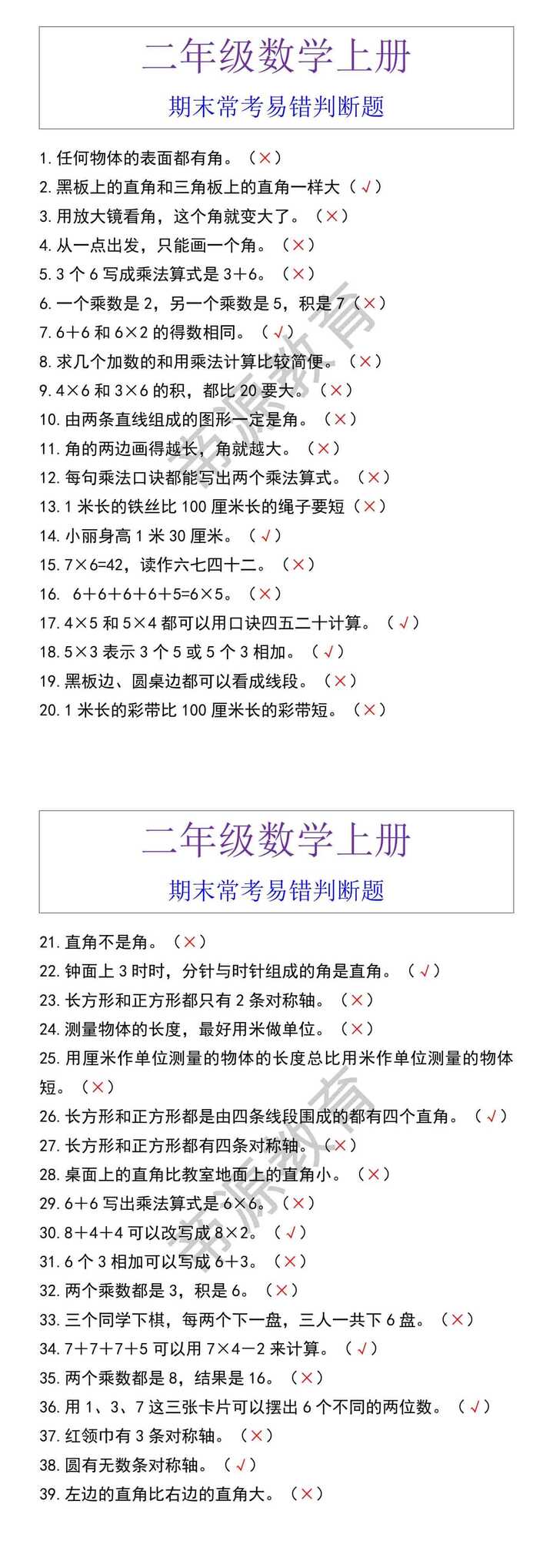 二年级数学上册 期末常考易错判断题