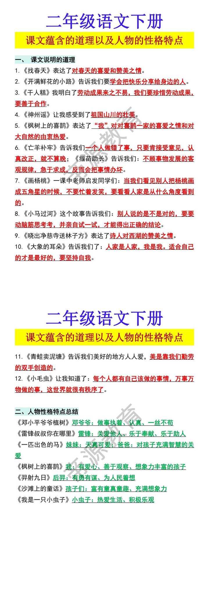 二年级语文下册课文蕴含的道理以及人物的性格特点