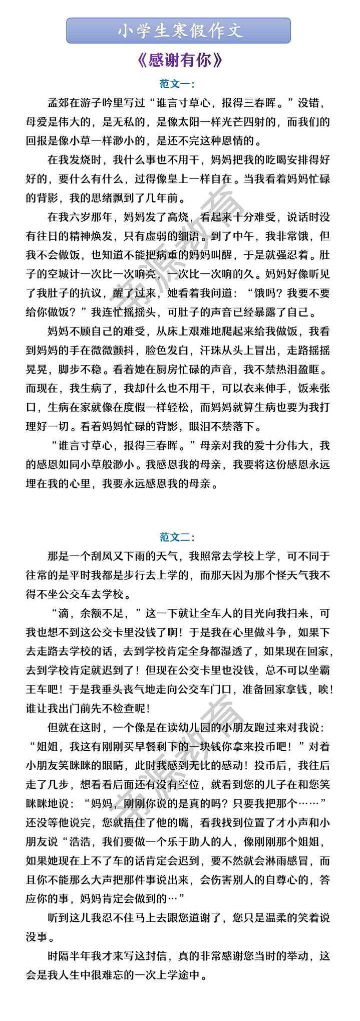 小学生寒假作文 《感谢有你》