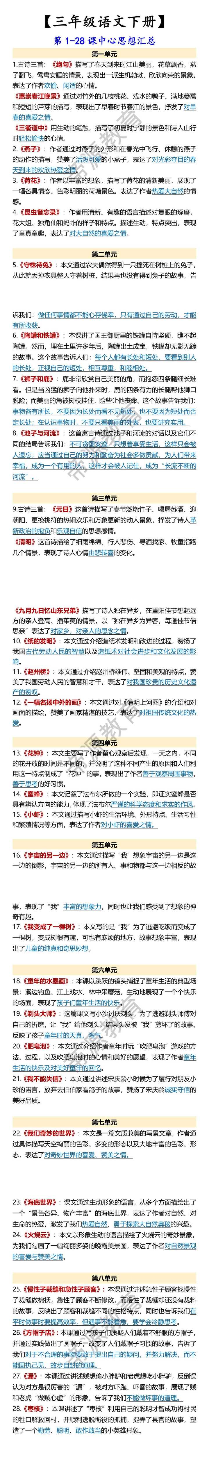 【三年级语文下册】 第1-28课中心思想汇总