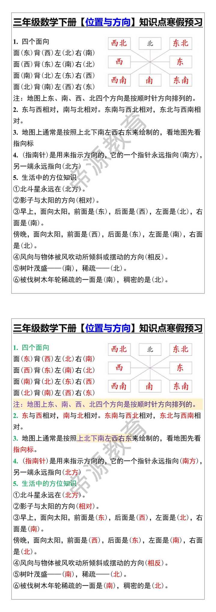 三年级数学下册【位置与方向】知识点寒假预习