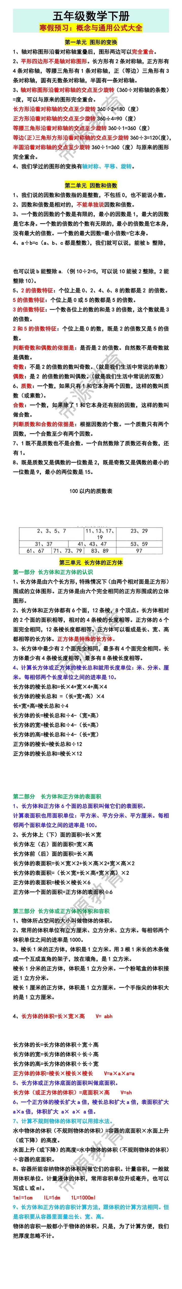 五年级数学下册寒假预习：概念与通用公式大全