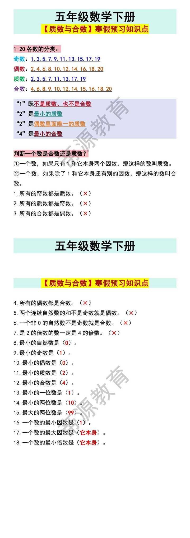 五年级数学下册【质数与合数】寒假预习知识点