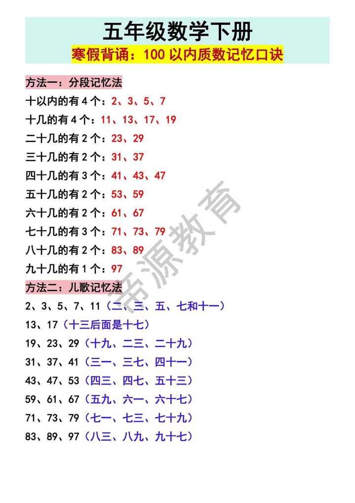 五年级数学下册寒假背诵：100以内质数记忆口诀