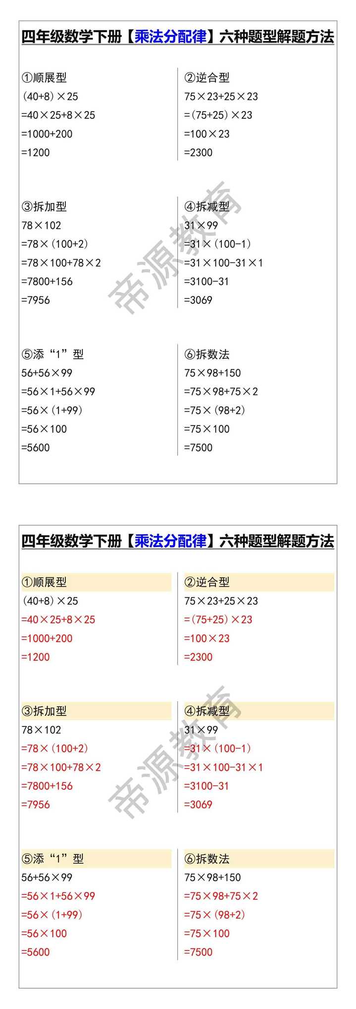 四年级数学下册【乘法分配律】六种题型解题方法