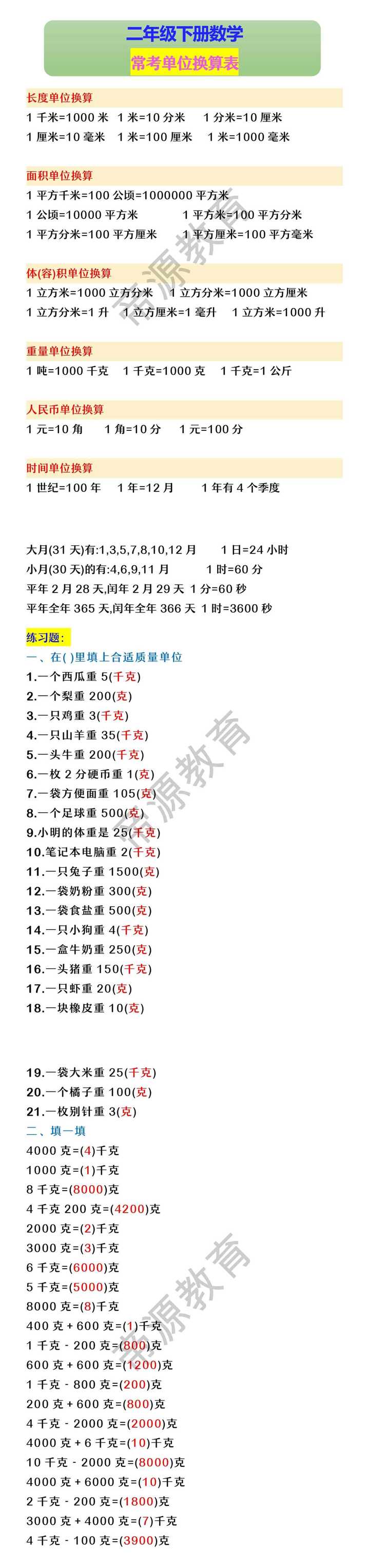 二年级下册数学 常考单位换算表