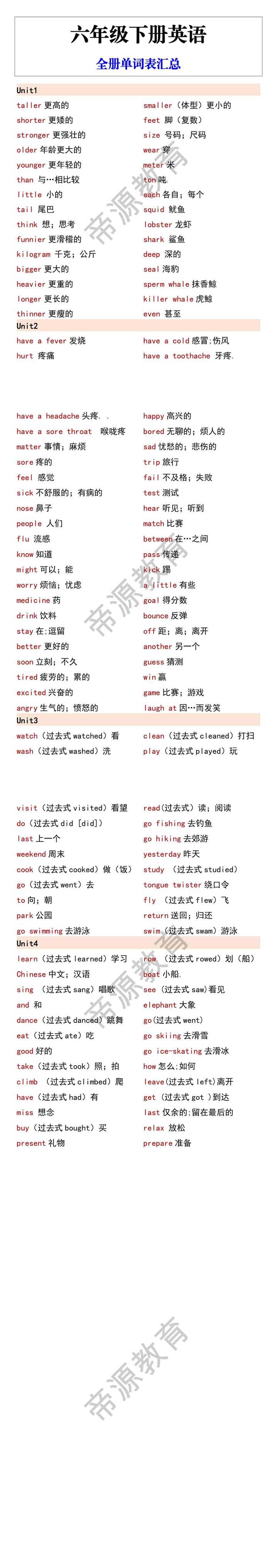 六年级下册英语 全册单词表汇总