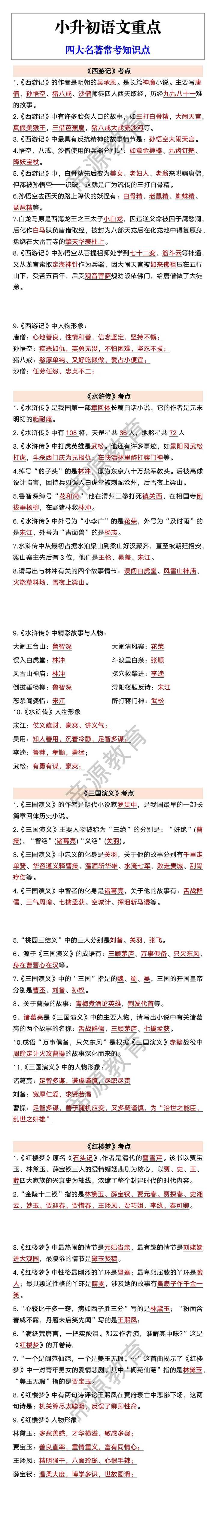 小升初语文重点 四大名著常考知识点