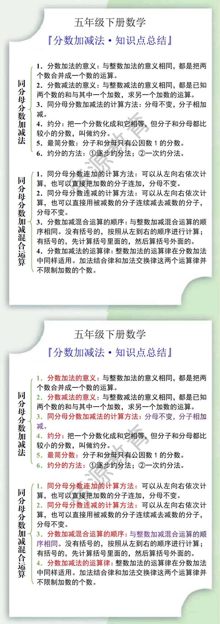 五年级数学下册分数加减法知识点总结