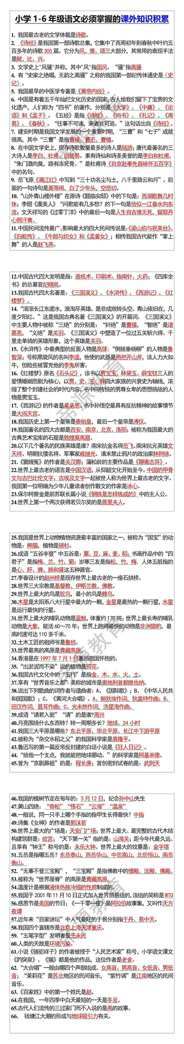 小学1-6年级语文必须掌握的课外知识积累