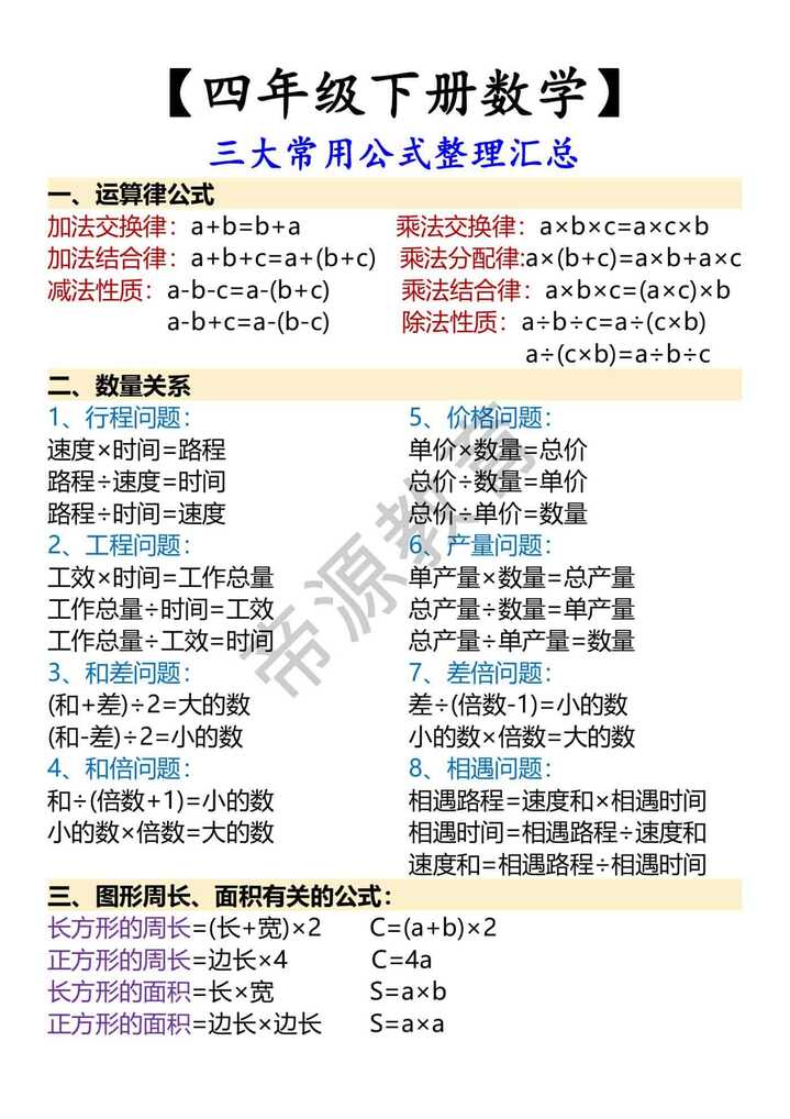 【四年级下册数学】 三大常用公式整理汇总