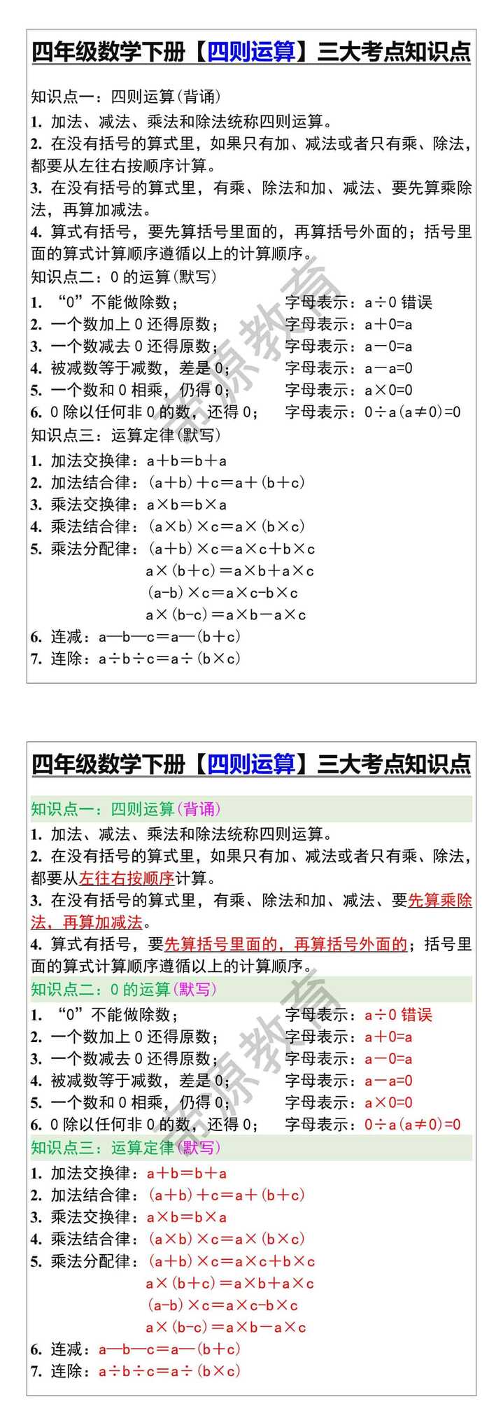 四年级数学下册【四则运算】三大考点知识点