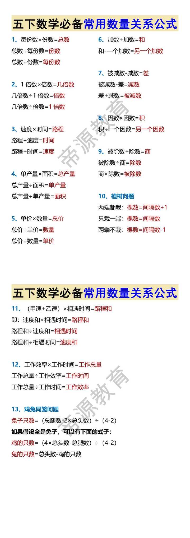 五下数学必备常用数量关系公式