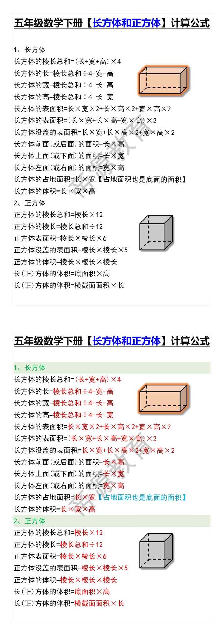 五年级数学下册【长方体和正方体】计算公式