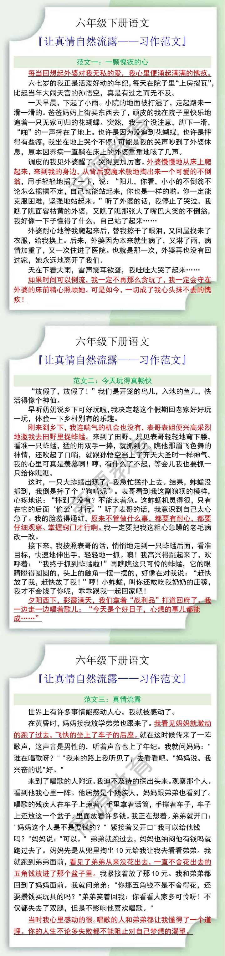 六年级语文下册让真情自然流露习作范文