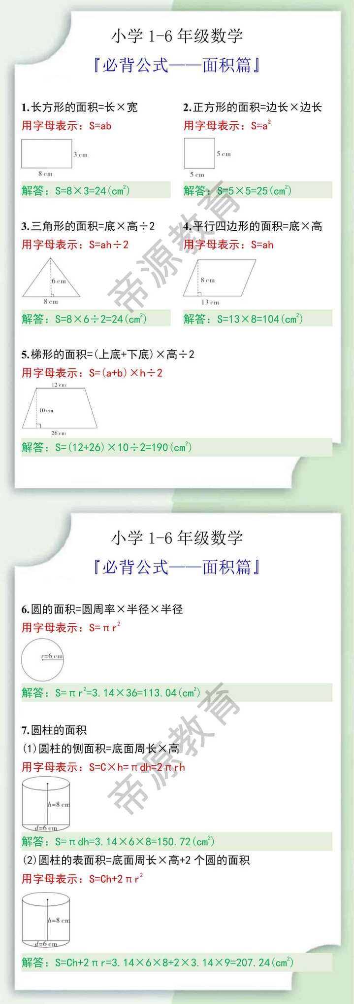 小学1-6年级数学必背公式面积篇