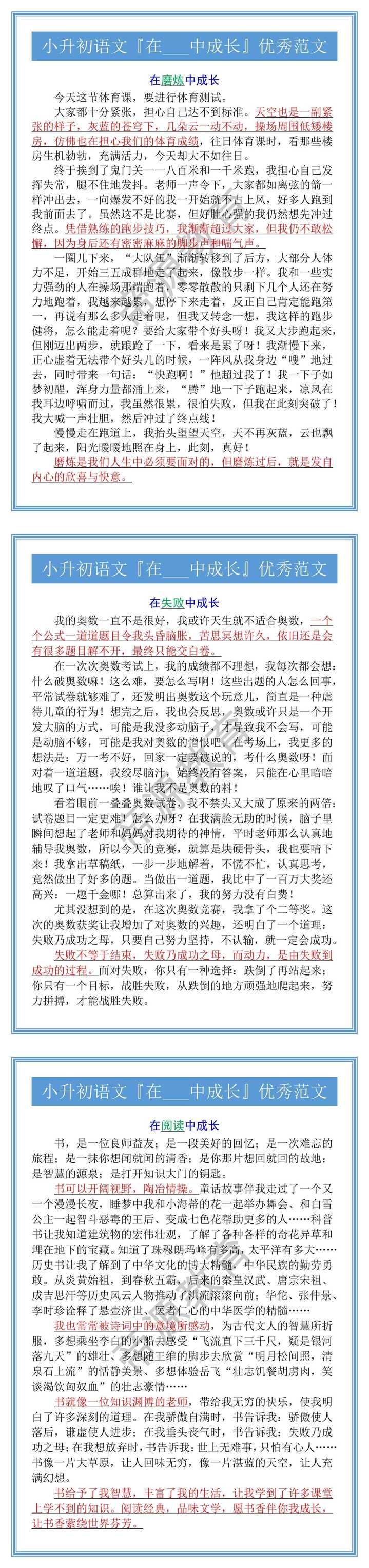 小升初语文『在___中成长』优秀范文