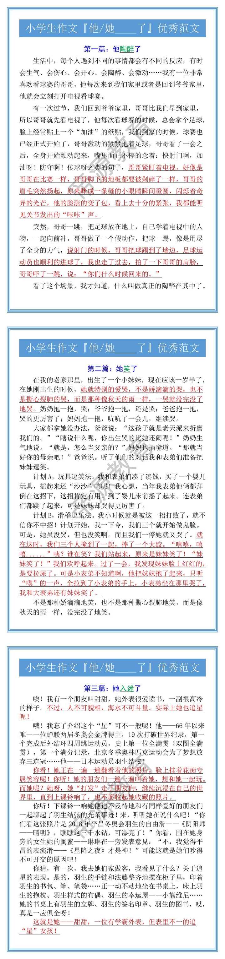 小学生作文『他/她____了』优秀范文