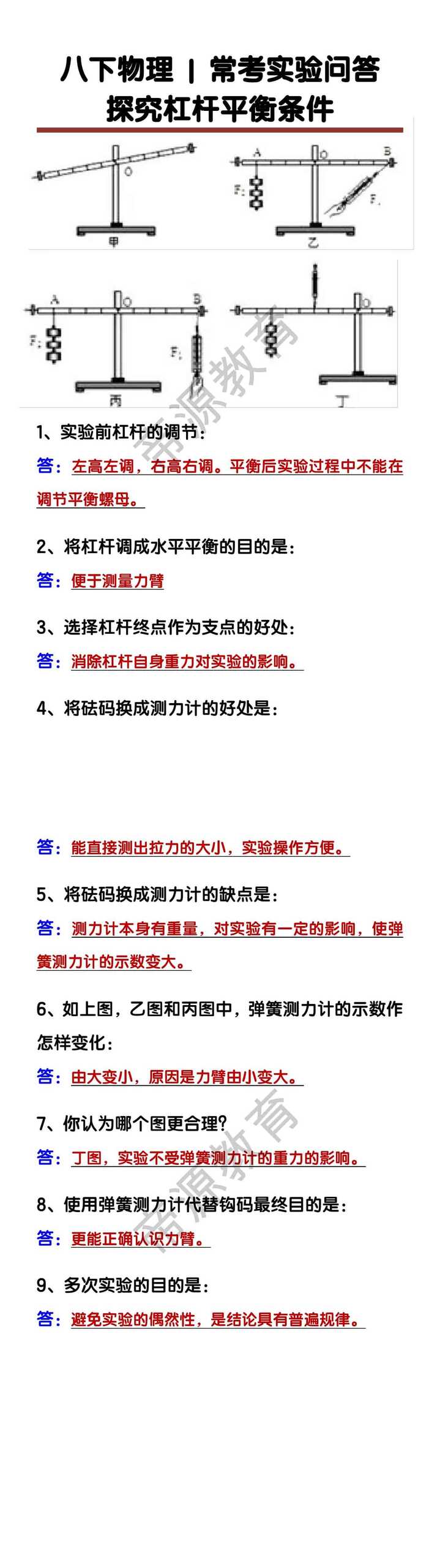 八下物理【探究杠杆平衡条件】常考实验问答