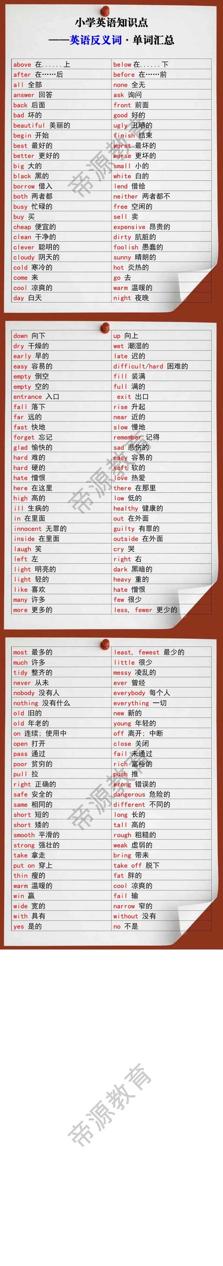 小升初英语常考英语反义词单词汇总