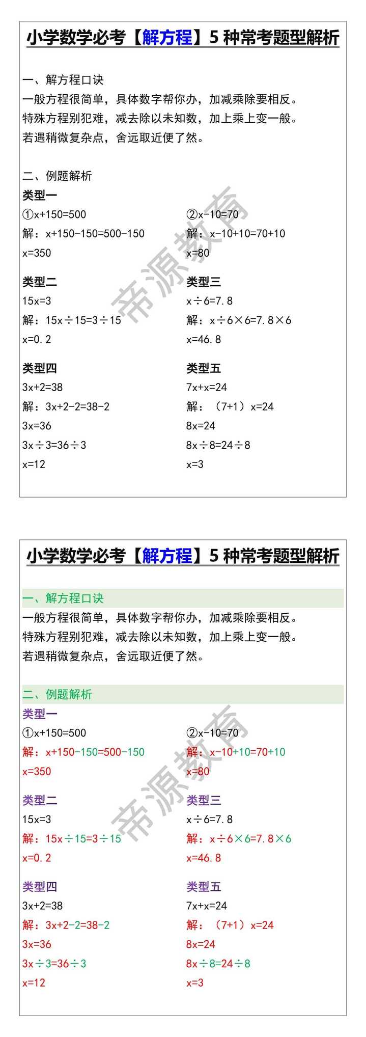 五年级数学必考【解方程】5种常考题型解析