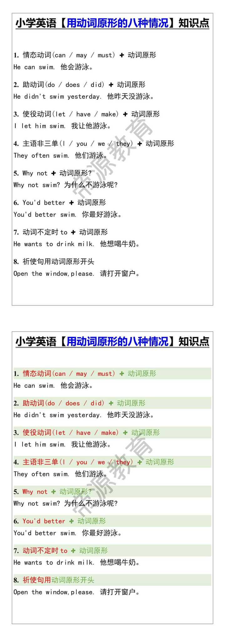 小学英语知识点之用动词原形的八种情况