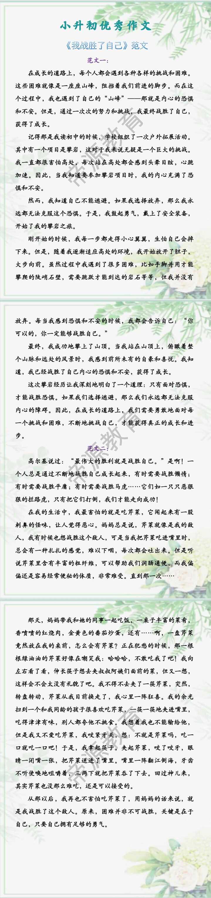 小升初优秀作文 《我战胜了自己》范文