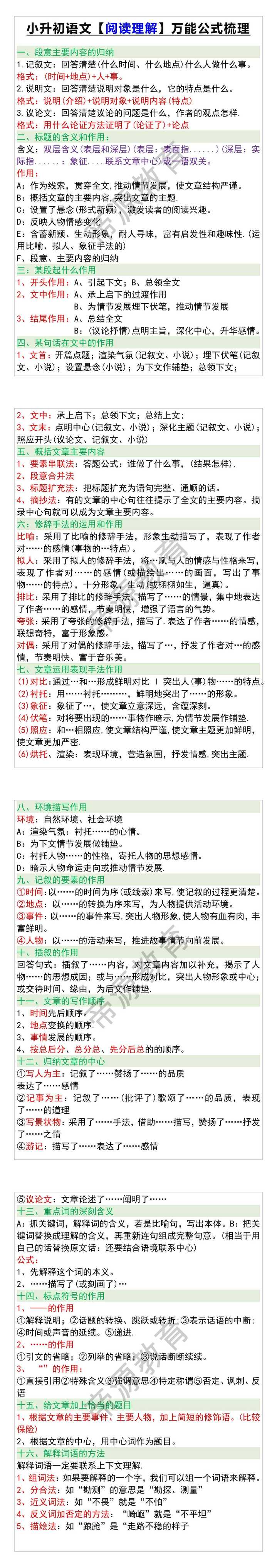 小升初语文【阅读理解】万能公式梳理