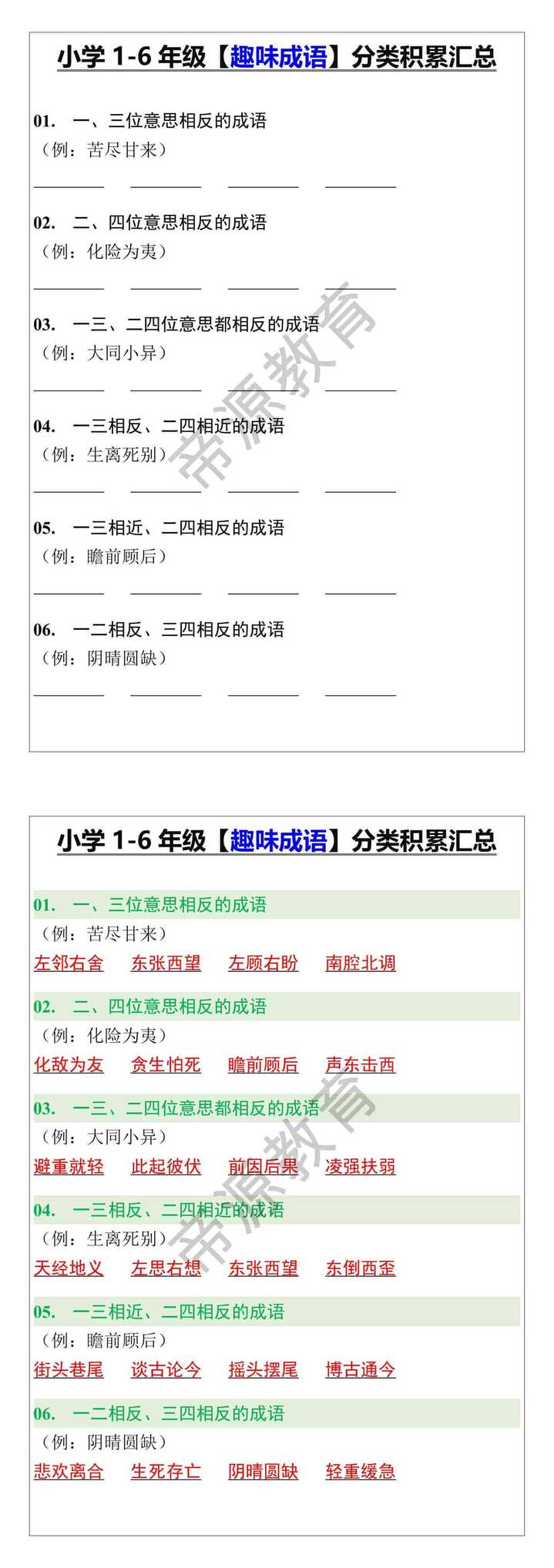 小学1-6年级【趣味成语】分类积累汇总