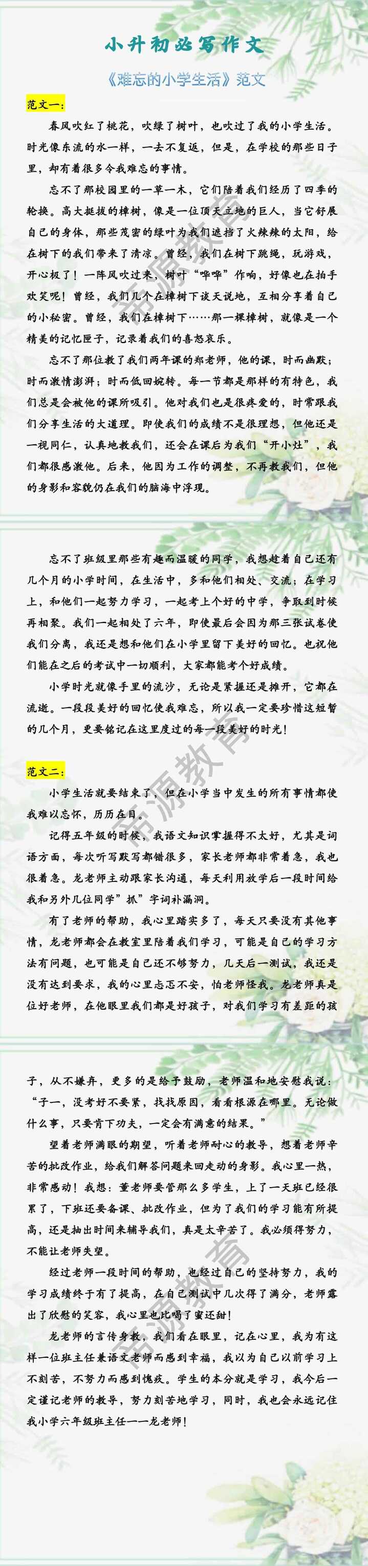 小升初必写作文 《难忘的小学生活》范文