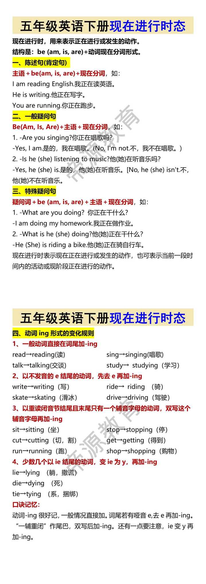 五年级英语下册现在进行时态