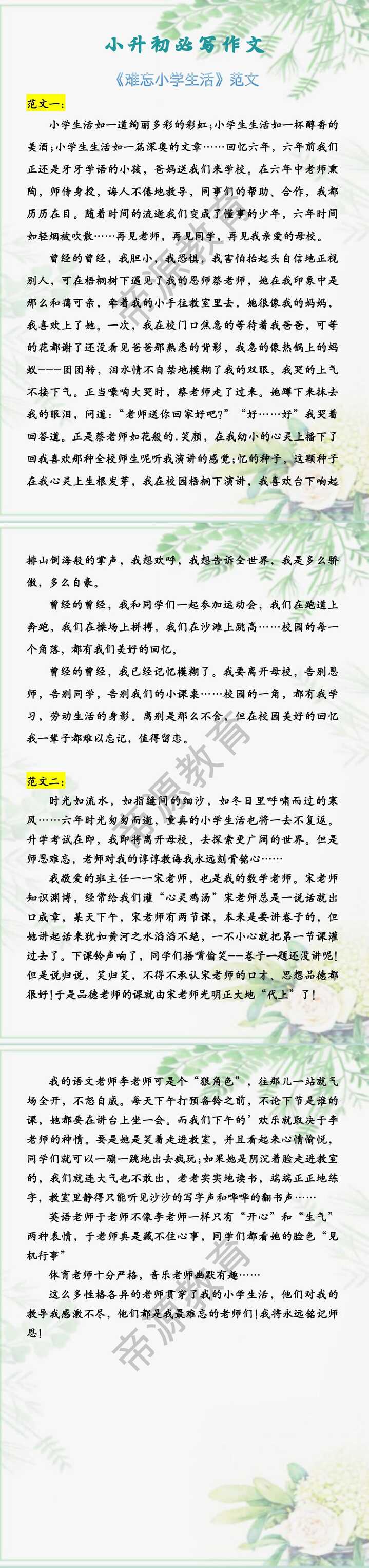 小升初必写作文 《难忘小学生活》范文