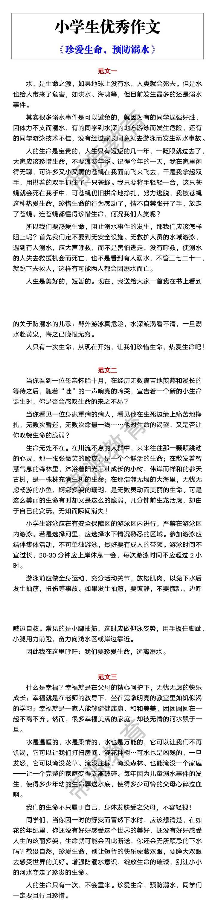 小学生优秀作文 《珍爱生命，预防溺水》