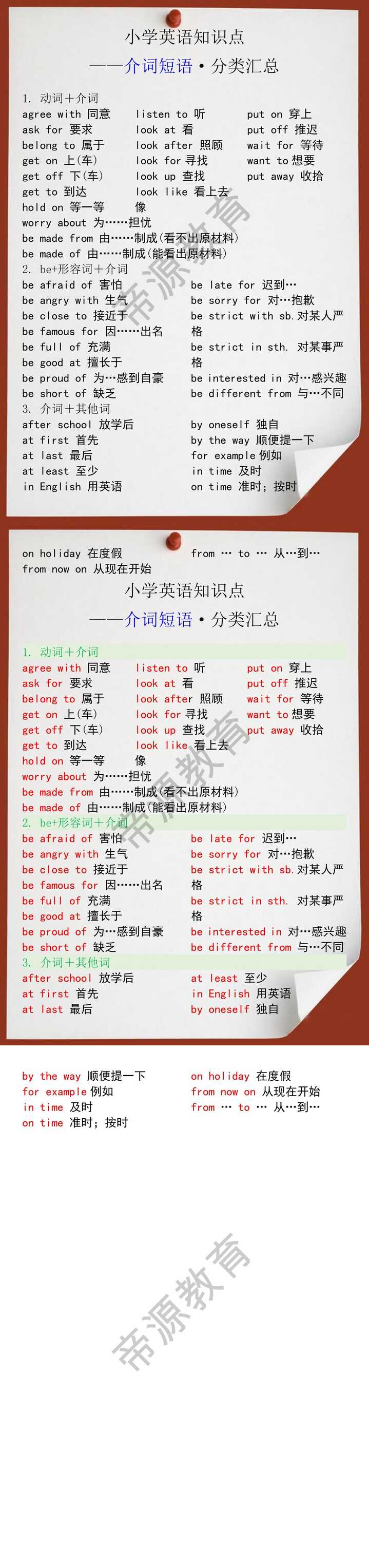 小学英语知识点之介词短语分类汇总