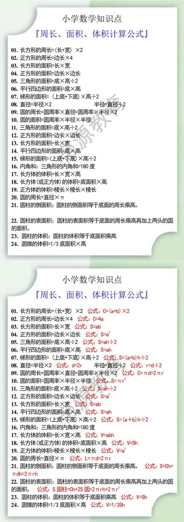 小学数学周长、面积、体积计算公式