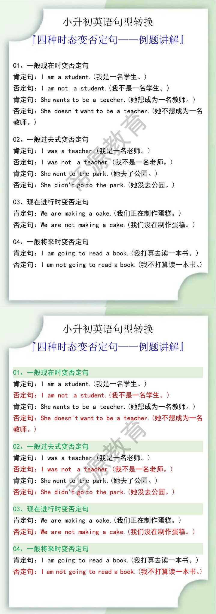 小升初英语句型转换之四种时态变否定句