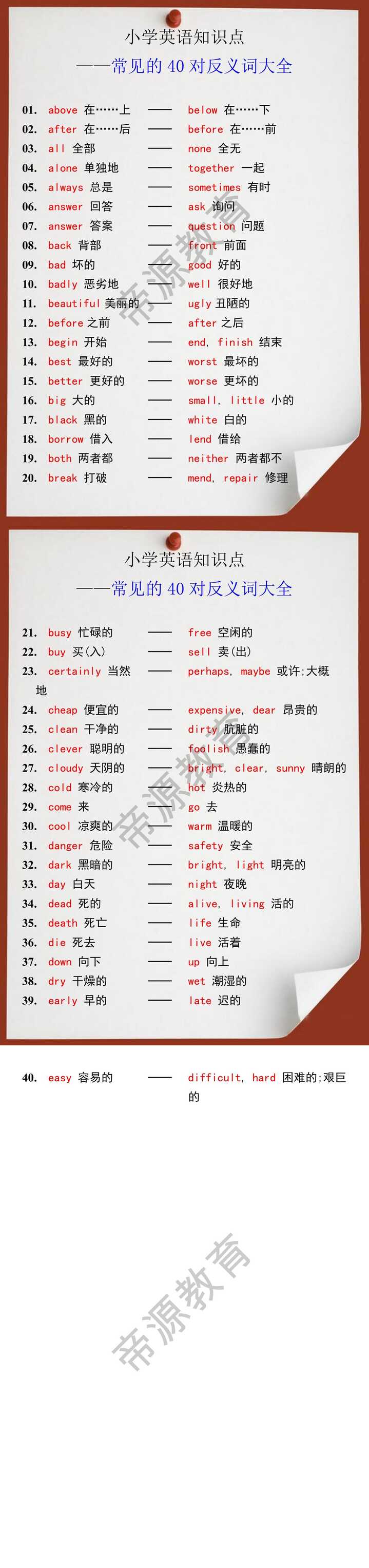 小学英语常见的40对反义词大全