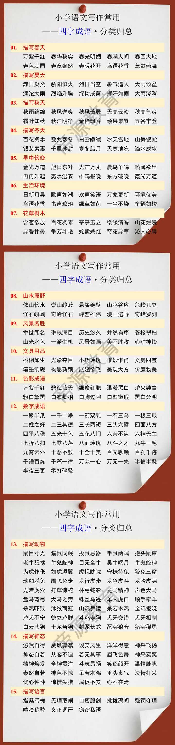 小学语文写作常用四字成语分类归总