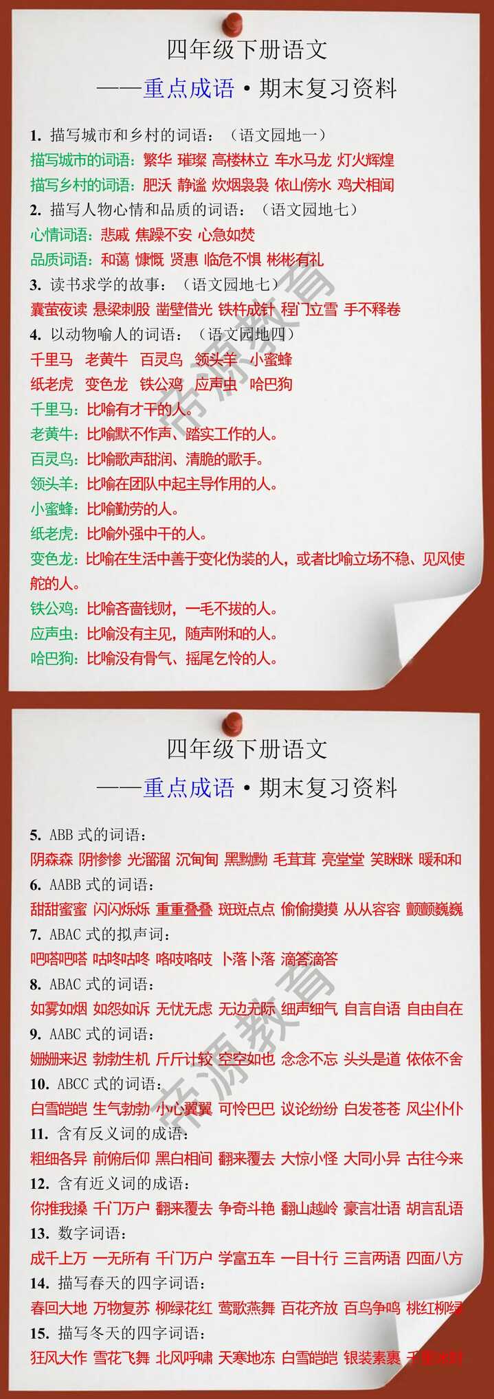 四年级下册语文重点成语期末复习资料